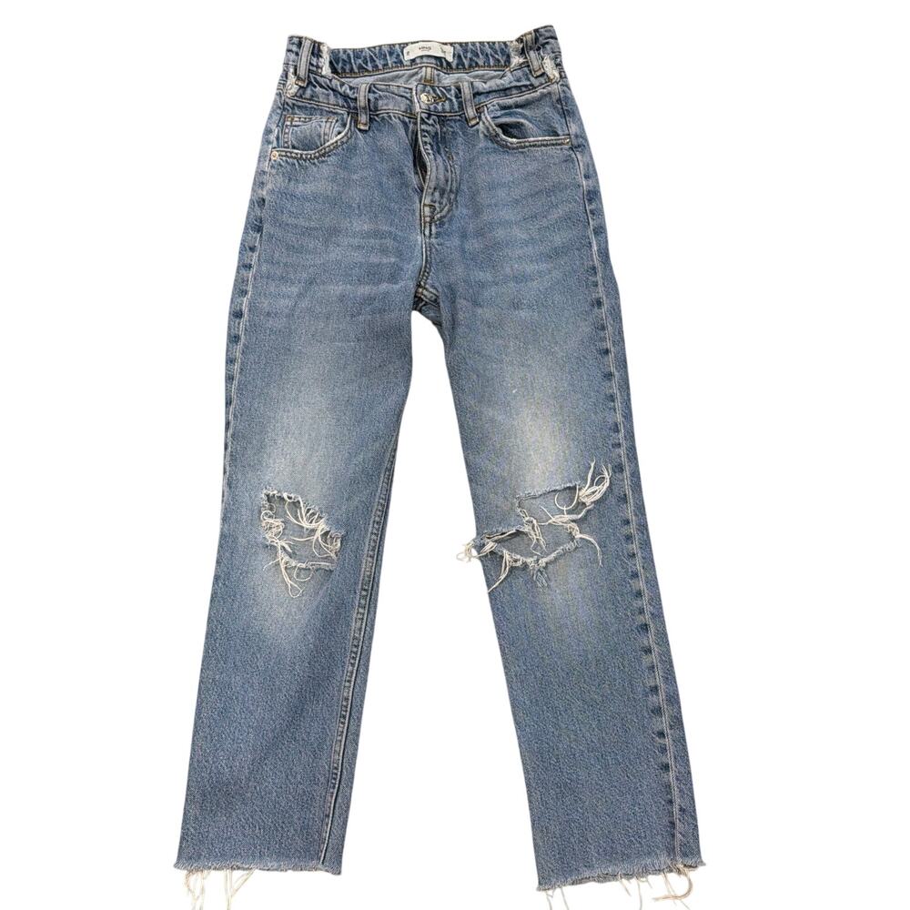 MNG Mango Distressed Jeans Light Wash Raw Hem Cropped Straight Leg Size 0-1